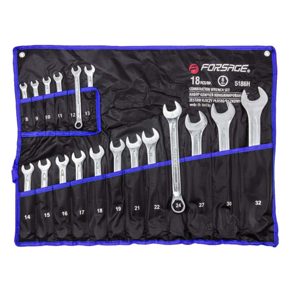 combination wrench set 18pcs, 6 point (8-19, 21, 22, 24, 27, 30, 32mm), on holder