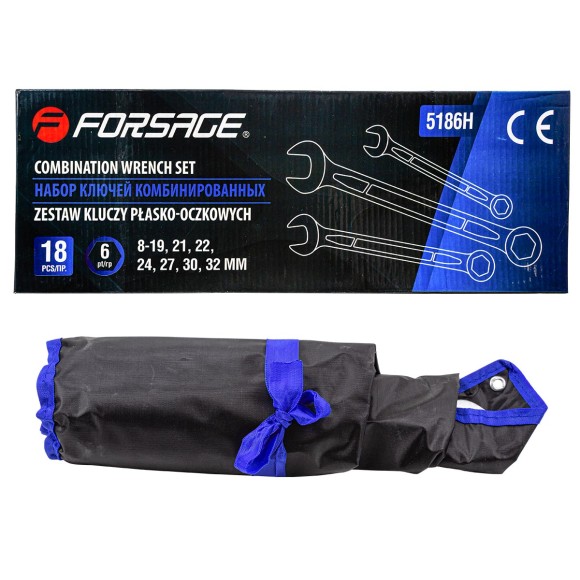 combination wrench set 18pcs, 6 point (8-19, 21, 22, 24, 27, 30, 32mm), on holder