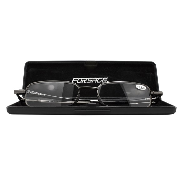 glasses (+2.50, metallic frame), in a plastic case