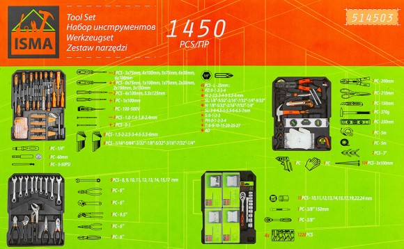tool set 1450pr.1/2"(6 gr.) (10-24mm., wrenches 6-17mm, swivel-pliers, bits, screwdrivers, supplies)