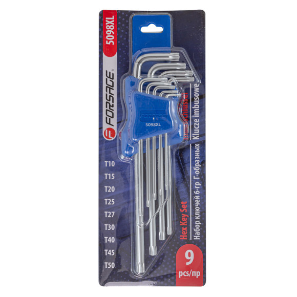 L-type extra long Torx-wrenches set 9pcs (T10, T15, T20, T25, T27, T30, T40, T45, T50), in plastic h