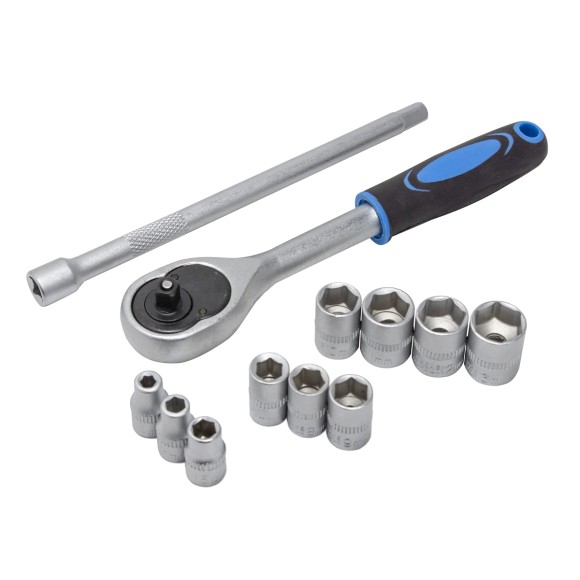socket set with ratchet and extension 13pcs (4-13mm, 6 point), in plastic holder