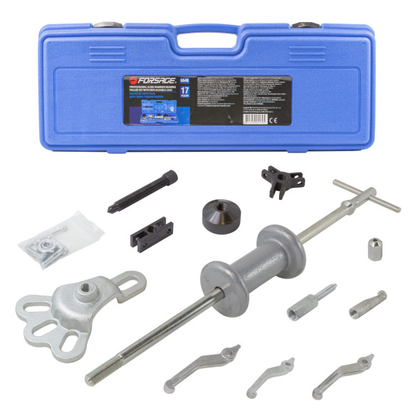 Professional slide hammer bearing puller set with replaceable legs and adaрters 17pcs, in a case