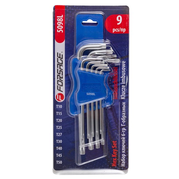 l-type long torx-wrenches set 9pcs (t10, t15, t20, t25, t27, t30, t40, t45, t50), in plastic holder