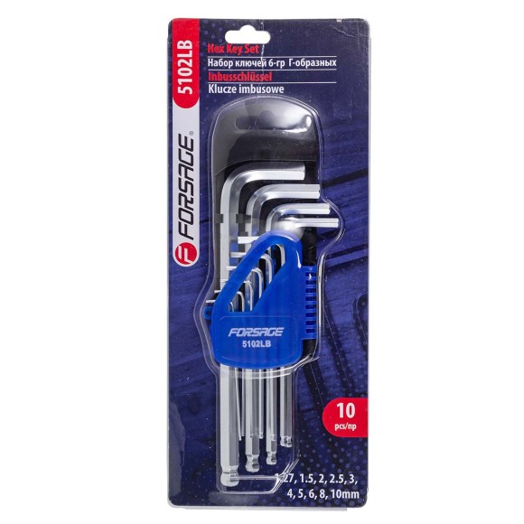 l-type long hex-wrenches set with ball end 10pcs (1.27, 1.5, 2, 2.5, 3-6, 8, 10mm), in plastic holde