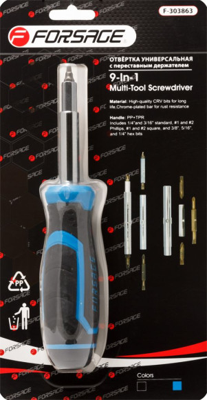 screwdriver universal adjustable with bit set l-210mm (ph1, ph2, sl4.5, sl5.5, s1, s2), in blister